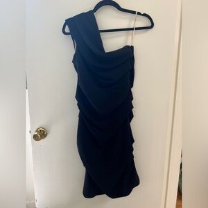 Halston Heritage Black, One-Shoulder, Ruched Knee-Length Dress in size 4